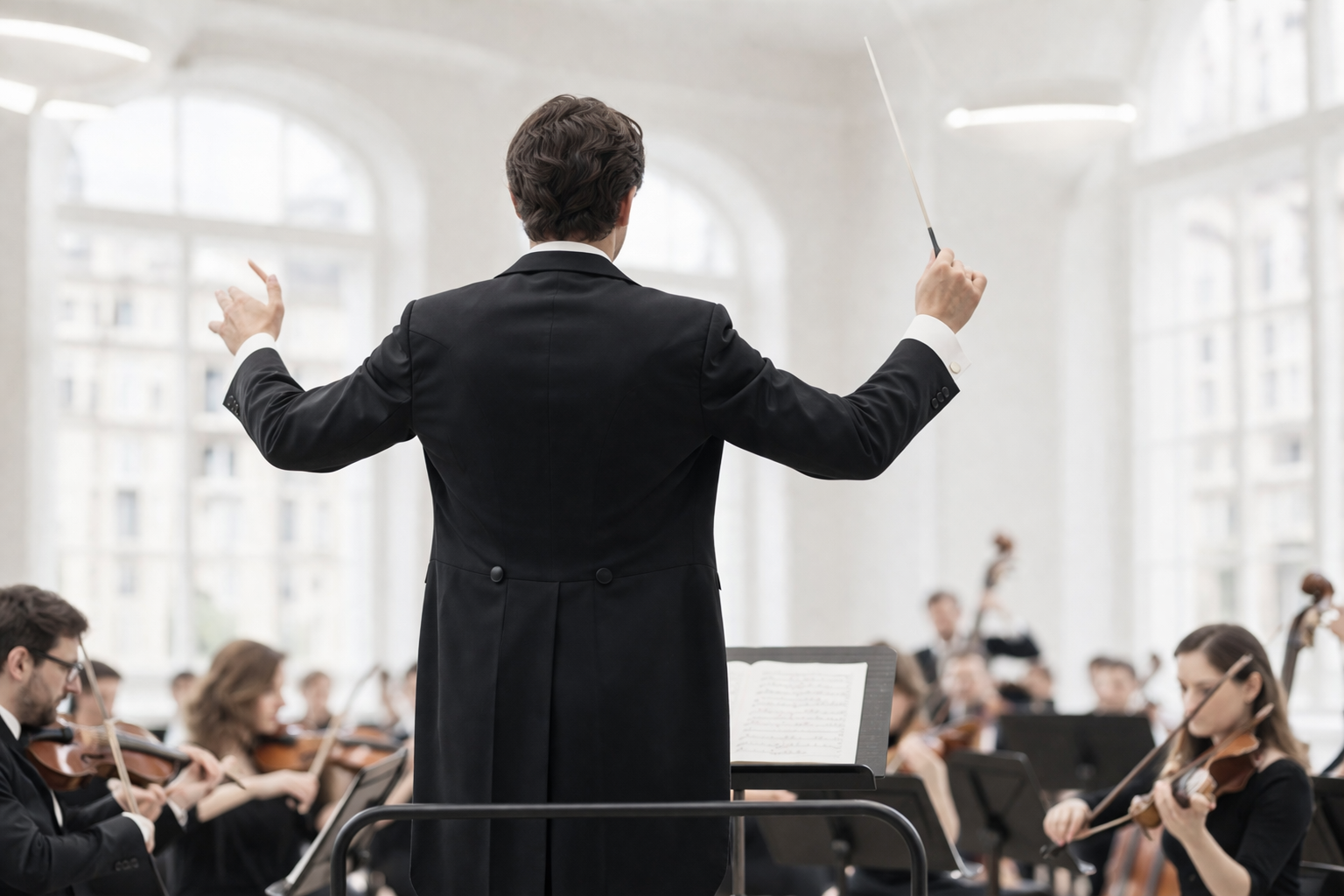 Conductor leading an orchestra