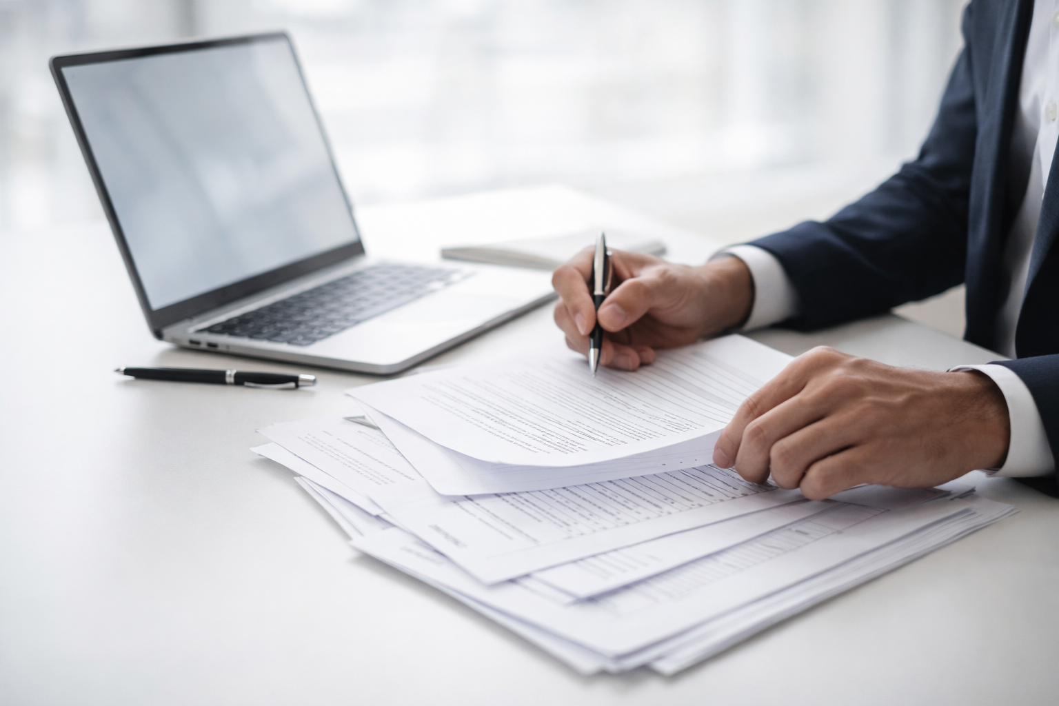 Solicitor reviewing documents beside a laptop